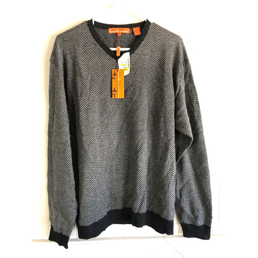 Vtg Y2K NWT Sette Ponti Silk Cashmere Herringbone VNeck Sweater Black Gray Men L